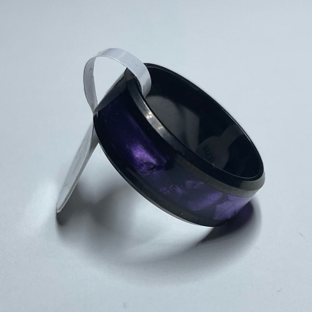 8mm Black Tungsten With Synthetic Purple Tiger Cowrie Inlay Band Ring Size 8